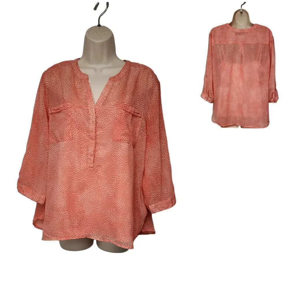 APT.9 Women's Noched V-Neck Roll-Tab 3/4 Sleeve Multi-Orange Sheer Blouse XLP